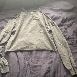 XS cut out shoulder light gray sweater. Cotton, polyester, spandex